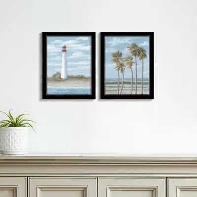 Hivvago Set Of Two Cape May Lighthouse And Palm Trees Black Framed Wall Art In Brown