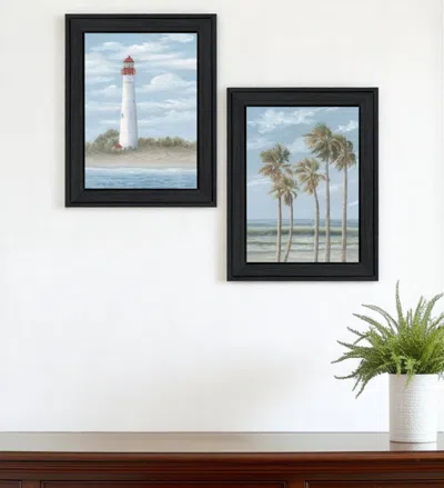 Hivvago Set Of Two Cape May Lighthouse And Palm Trees Black Framed Wall Art