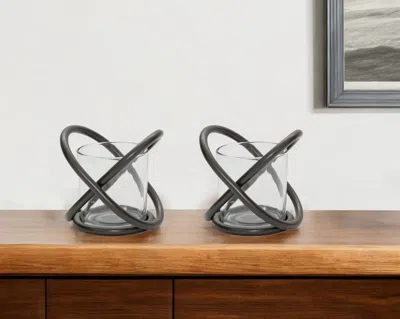 Hivvago Set Of Two Clear And Black Distressed Glass And Metal Tabletop Votive Candle Holders In Neutral