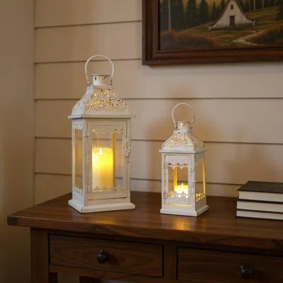 Hivvago Set Of Two Cream Distressed Filigree Metal Tabletop Lantern Candle Holders In White