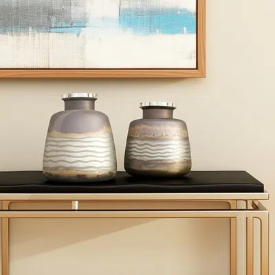 Hivvago Set Of Two Dark Blue And Gray Round Glass Table Vase In Brown