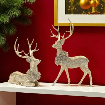 Hivvago Set Of Two Gold And Gray Polyresin Deer Christmas Figurine