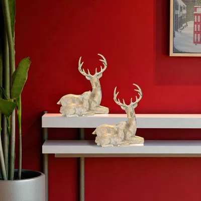 Hivvago Set Of Two Gold And White Polyresin Deer Christmas Figurine