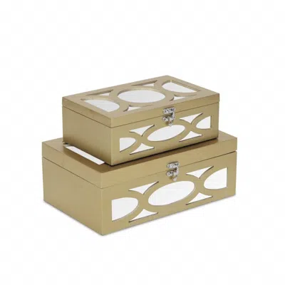 Hivvago Set Of Two Gold Oval Scroll Mirror Jewelry Storage Boxes In Brown