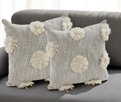 Hivvago Set Of Two Gray And Ivory Floral Cotton Throw Pillows With Fringe In Neutral