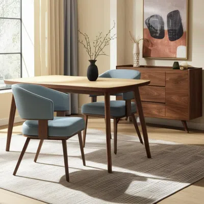 Hivvago Set Of Two Gray And Walnut Upholstered Faux Leather Open Back Dining Arm Chairs