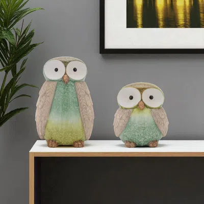 Hivvago Set Of Two Green And Blue Terracotta Owl Tabletop Sculpture In Multi