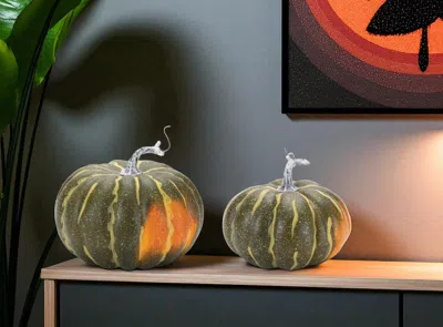 Hivvago Set Of Two Green And Orange Plastic Pumpkin Thanksgiving Pumpkin Tabletop Sculpture