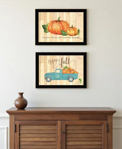Hivvago Set Of Two Happy Fall-october Pumpkins Distressed Black Framed Wall Art In Multi