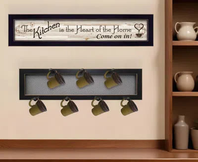 Hivvago Set Of Two Heart Of The Home Black Framed Kitchen Wall Art With Seven Peg Mug Rack