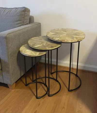 Hivvago Set Of Two Natural And Black Solid Wood And Metal Round Frame Nested Tables