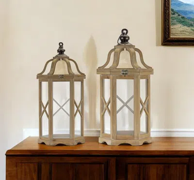 Hivvago Set Of Two Natural And Brown Distressed Geometric Wood And Metal Floor Lantern Candle Holders