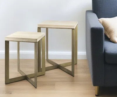 Hivvago Set Of Two Natural And Gold Solid Wood And Metal Square Cross Legs Nested Tables In Neutral