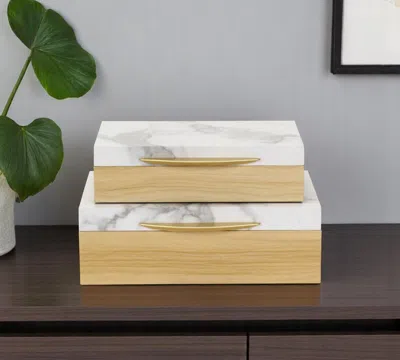 Hivvago Set Of Two Natural And White Wood And Faux Marble Jewelry Boxes