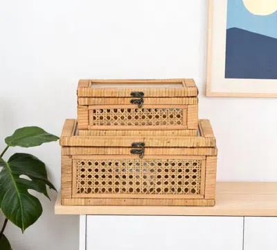 Hivvago Set Of Two Natural Wood Rattan And Glass Jewelry Boxes In Neutral