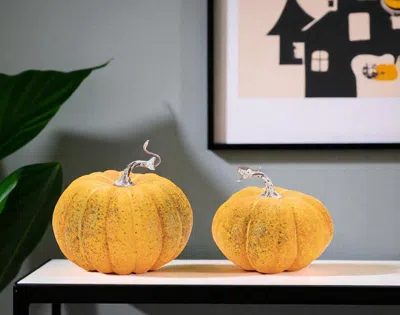 Hivvago Set Of Two Orange And Green Plastic Pumpkin Thanksgiving Pumpkin Tabletop Sculpture In Yellow
