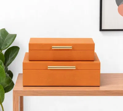 Hivvago Set Of Two Orange Faux Shagreen Jewelry Boxes With Decorative Hardware