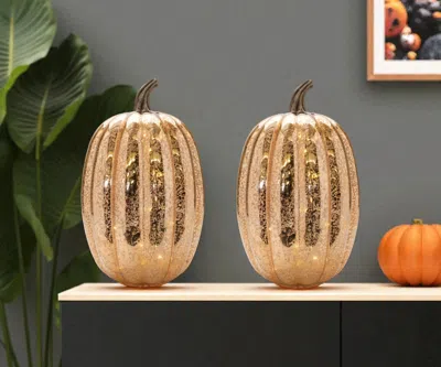 Hivvago Set Of Two Orange Glass Pumpkin Thanksgiving Pumpkin Tabletop Sculpture With Led In Gold