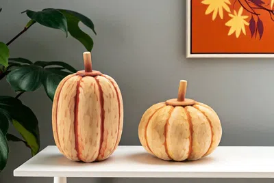 Hivvago Set Of Two Orange Wood Pumpkin Thanksgiving Pumpkin Tabletop Sculpture In Nude