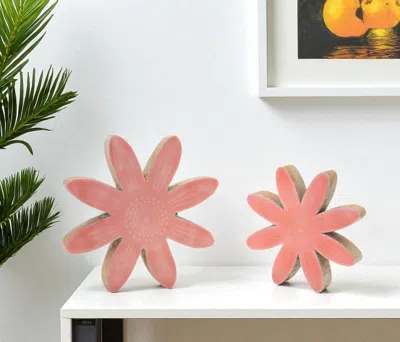 Hivvago Set Of Two Pink And Beige Wood Flowers Tabletop Sculpture