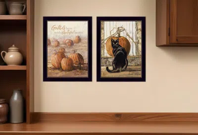Hivvago Set Of Two Pumpkins With A Black Cat Black Framed Print Wall Art