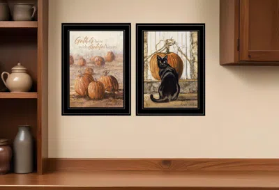 Hivvago Set Of Two Pumpkins With A Black Cat Black Framed Print Wall Art In Multi