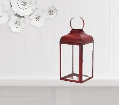 Hivvago Set Of Two Red Distressed Iron Floor Lantern Candle Holders In Brown