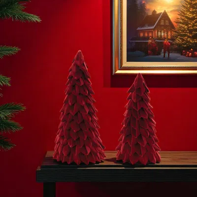 Hivvago Set Of Two Red Fabric Trees Tabletop Sculpture