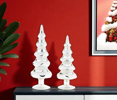 Hivvago Set Of Two Silver And White Glass Trees Tabletop Sculpture