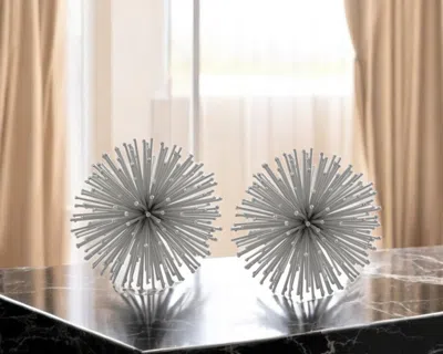 Hivvago Set Of Two Silver Iron Decorative Spiky Sphere Tabletop Sculpture In Gray