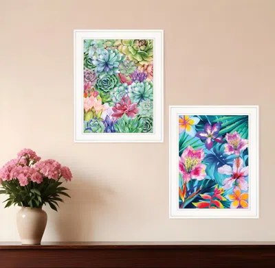 Hivvago Set Of Two Succulents Paradise And Tropical Flowers White Framed Print Wall Art In Multi