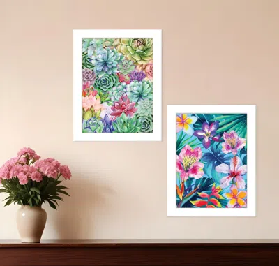 HIVVAGO SET OF TWO SUCCULENTS PARADISE AND TROPICAL FLOWERS WHITE FRAMED PRINT WALL ART