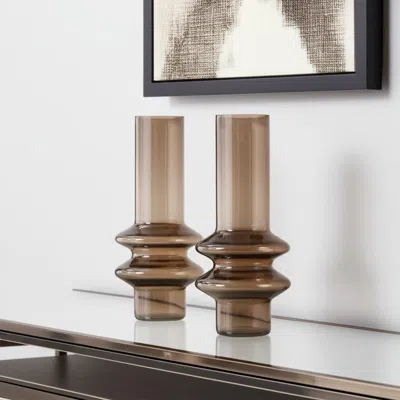 Hivvago Set Of Two Translucent Taupe Glass Cylinder Table Vases In Brown