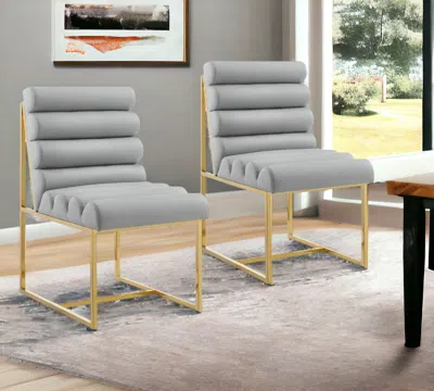 Hivvago Set Of Two Tufted Gray And Gold Upholstered Faux Leather Dining Side Chairs