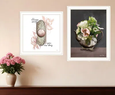 Hivvago Set Of Two Vintage Floral Tea Pot And Door Knob White Framed Print Kitchen Wall Art In Multi