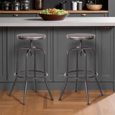 Hivvago Set Of Two Walnut And Black Wood And Iron Backless Adjustable Height Swivel Bar Chairs In Gray