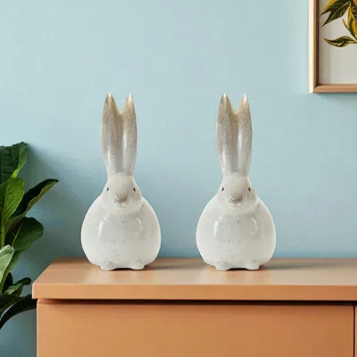 Hivvago Set Of Two White And Brown Terracotta Rabbit Figurines