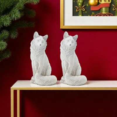 Hivvago Set Of Two White Polyresin Fox Figurine