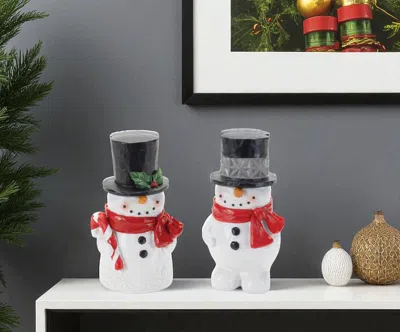 Hivvago Set Of Two White Red And Silver Polyresin Christmas Snowman Figurine In Multi