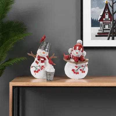Hivvago Set Of Two White Red And Silver Polyresin Christmas Snowman Figurine In Multi