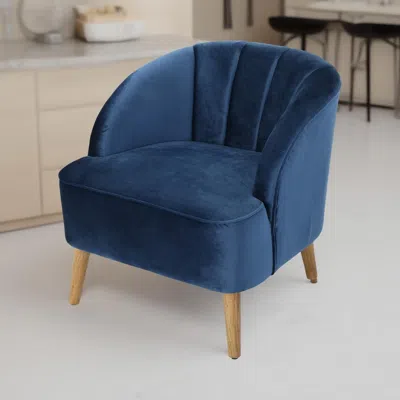 Hivvago Shale Accent Chair, Navy Blue Velvet, Curved Backrest, Brown Wood Legs