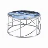 Hivvago 33" Blue And Silver Wood And Iron Faux Marble Geometric Frame Round Coffee Table In Gray