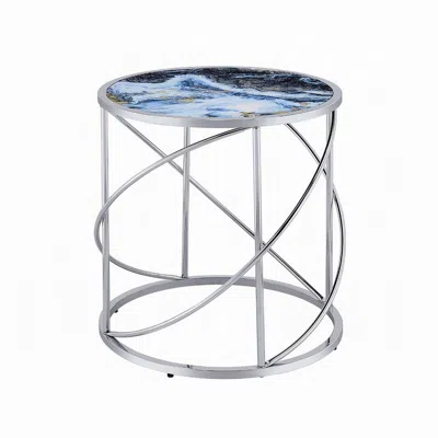 Hivvago Shira Round Side End Table, 22 Inch, Open Chrome Base Blue Faux Marble