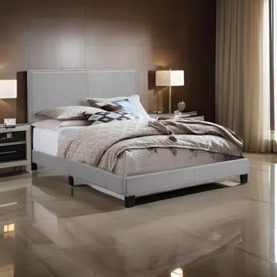 Hivvago Shirin Queen Size Bed, Wood, Nailhead Trim, Upholstered Headboard, Gray