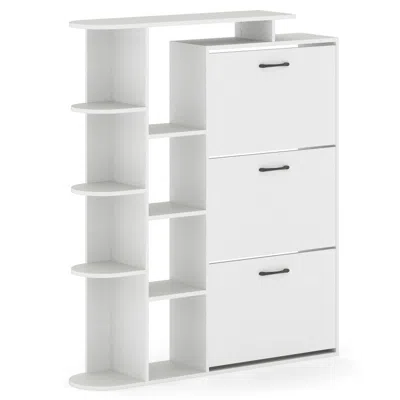 Hivvago Shoe Cabinet With Open Shelves Modern Shoe Organizer With 3 Flip Drawers In White