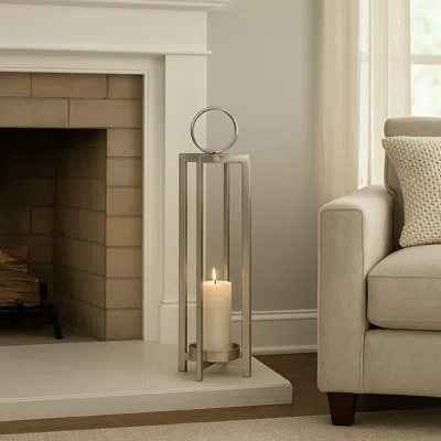 Hivvago Siana Lantern Candle Holder, 27 Inch Tall, Silver Finished Metal Frame