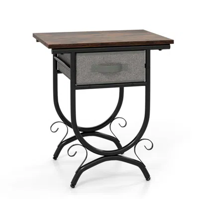 Hivvago Side Table With Fabric Drawer And Carved Metal Frame For Living Room