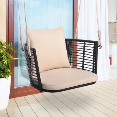 Hivvago Single Person Hanging Seat With Woven Rattan Backrest For Backyard-blue In Neutral