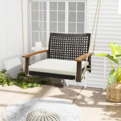 Hivvago Single Rattan Porch Swing With Armrests Cushion And Hanging Ropes-white