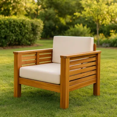 Hivvago Siyal Outdoor Club Accent Chair Set Of 2, Soft Beige, Brown Acacia Wood